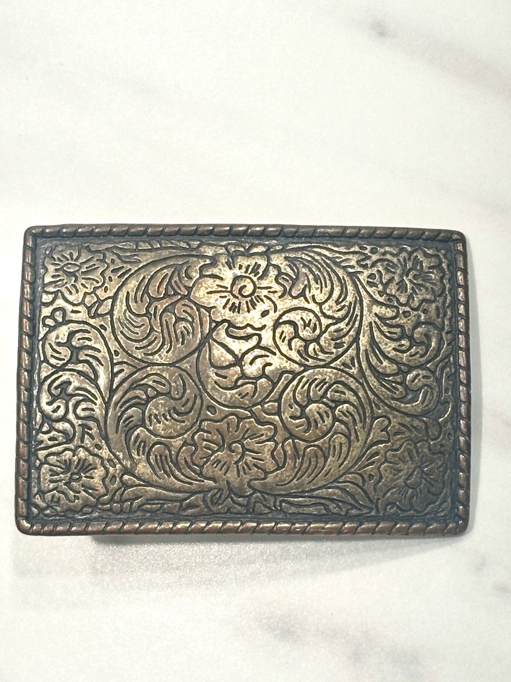 Embossed Floral Metal Belt Buckle - Antique Brass Finish
